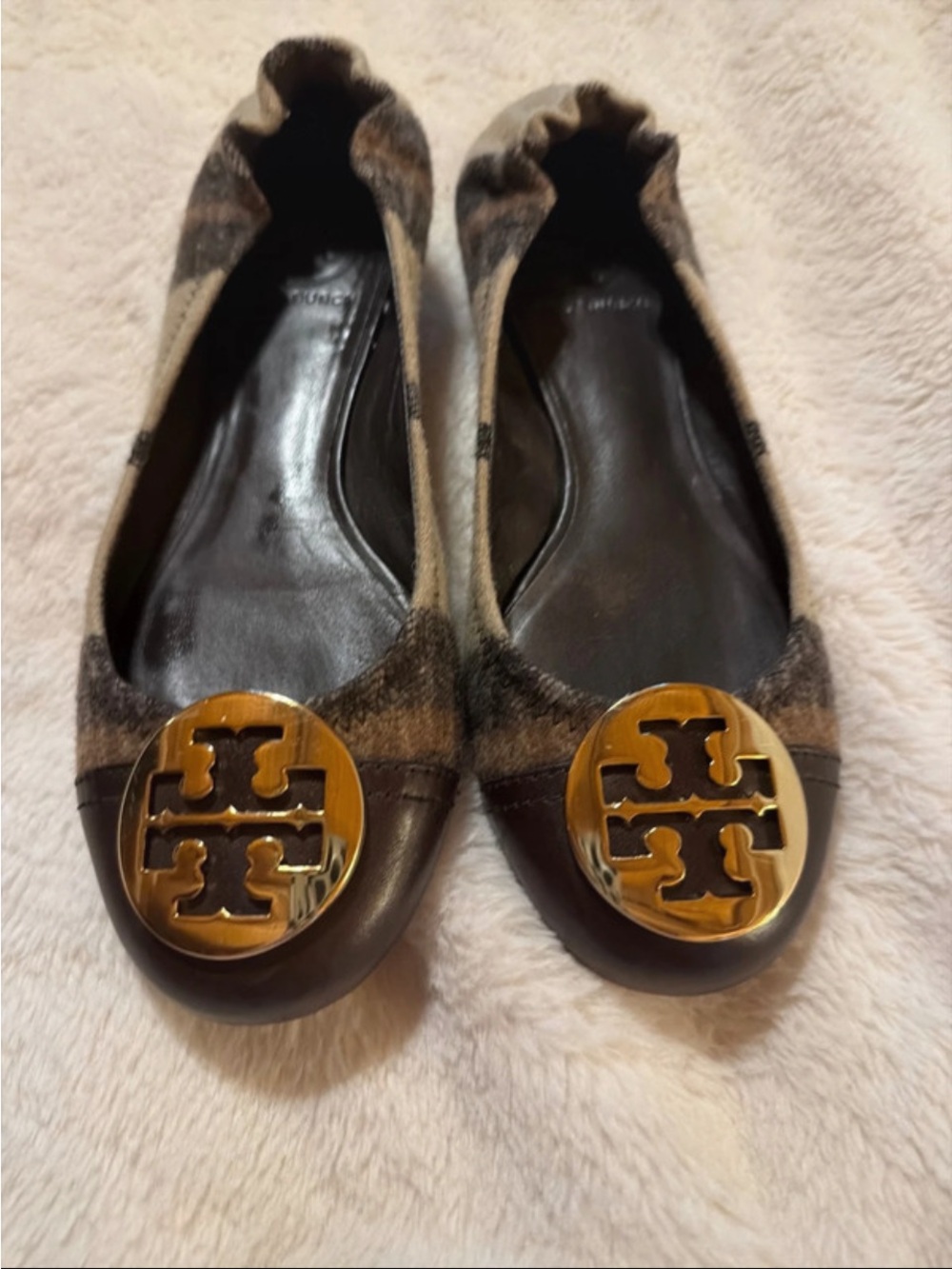 Tory Burch Brown Plaid Logo Ballet Flats